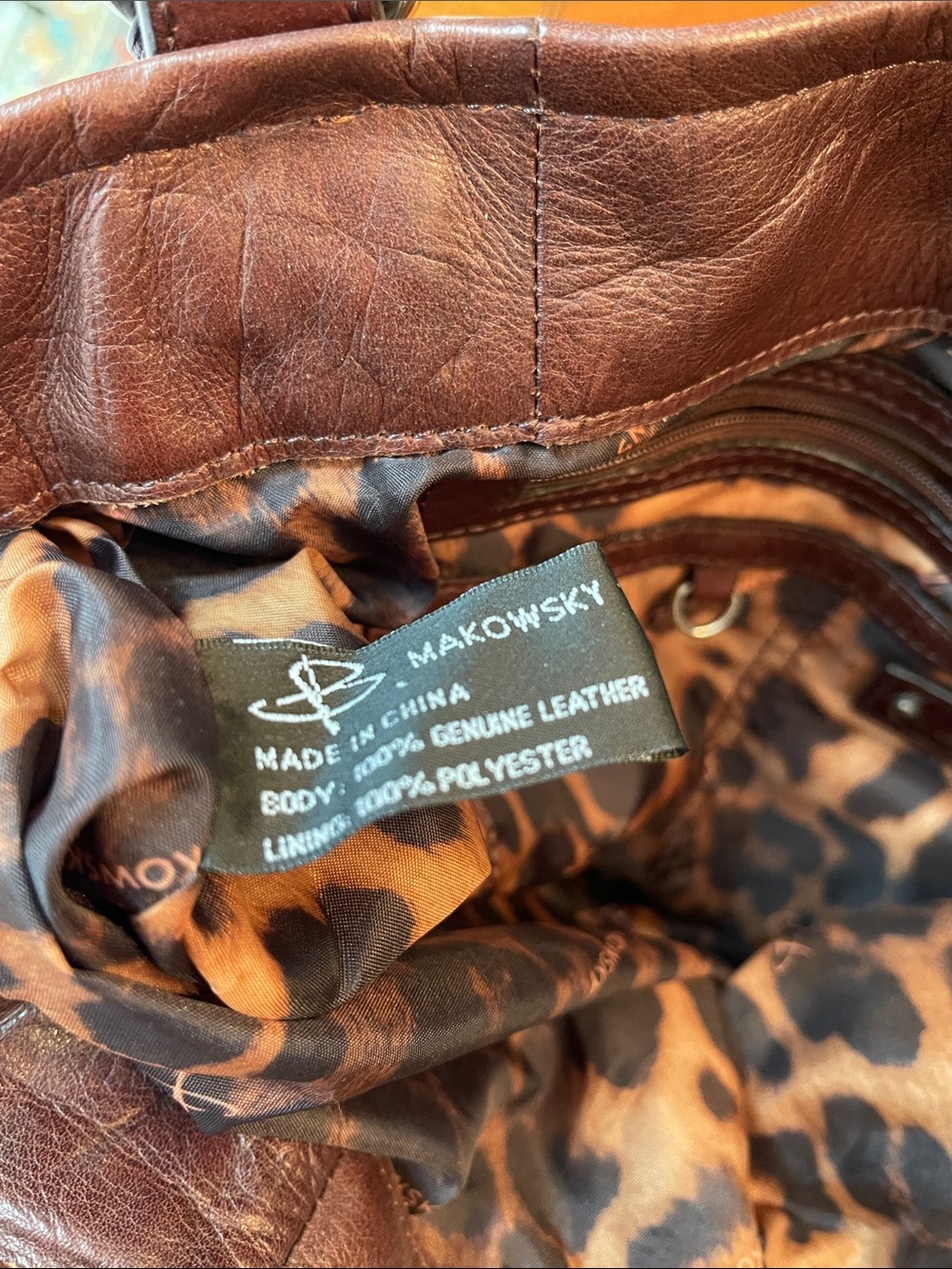 B. MAKOWSKY RICH BROWN LEATHER SHOULDER BAG WITH LEOPARD LINING - Picture 10 of 12